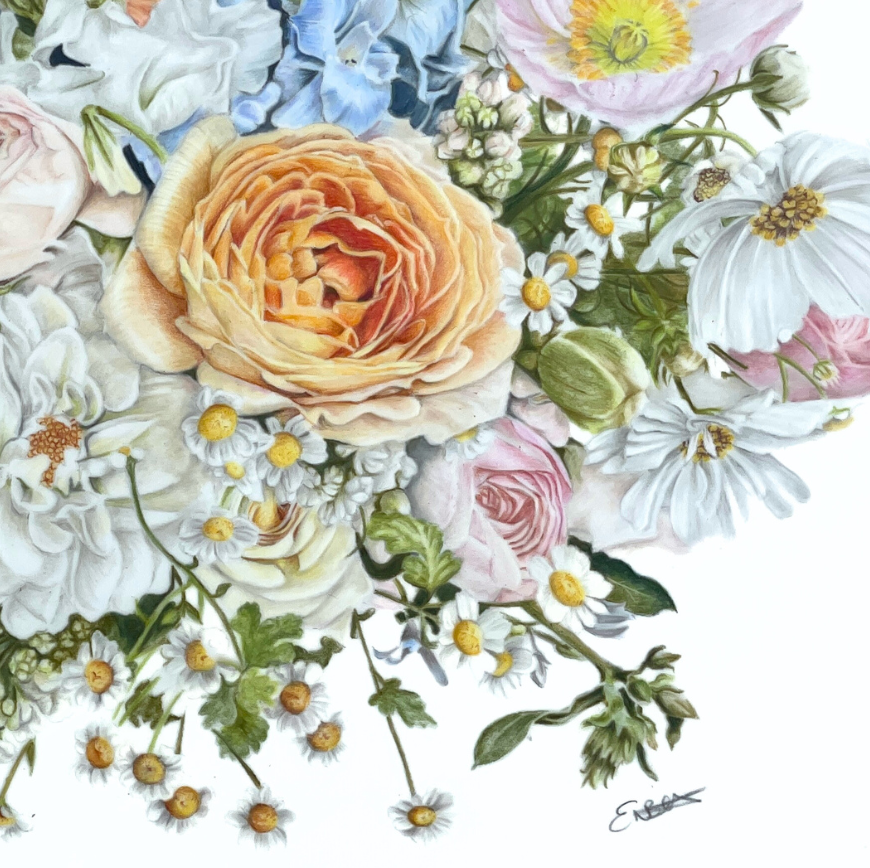A close up of those beautiful peach-coloured roses along with some cosmos and Daisies.