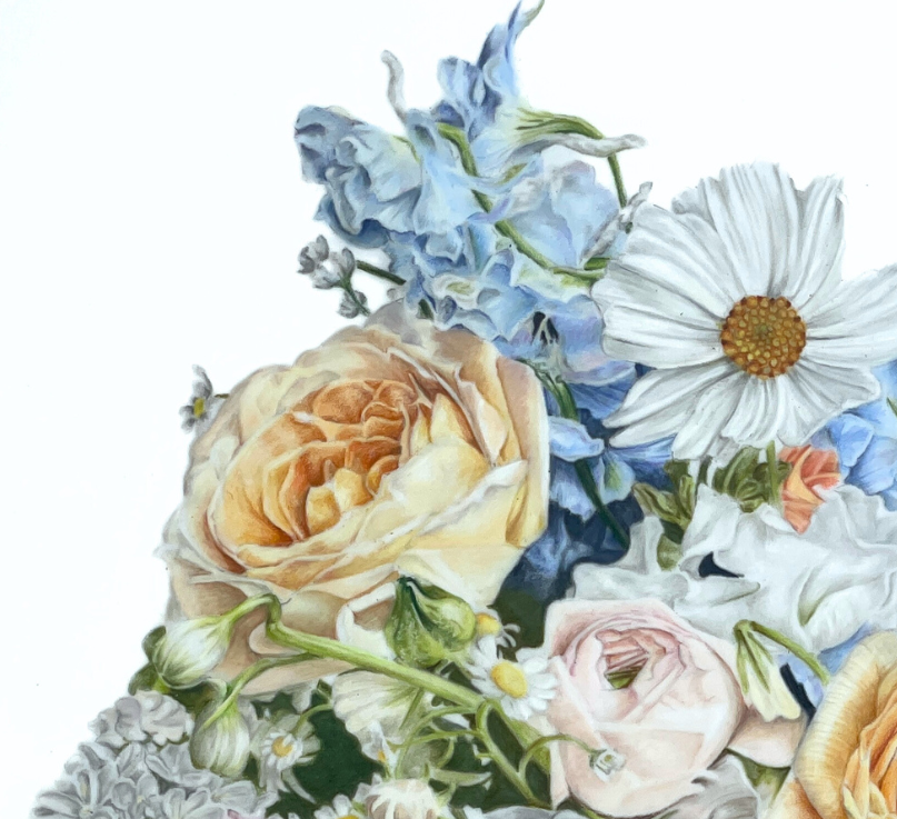 A close up of those beautiful peach-coloured roses along with some cosmos.