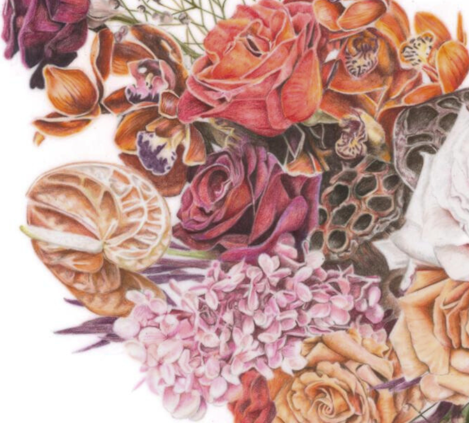 A close up of the autumnal and rich coloured bouquet showing details of the Anthurium, Orchids, Hydrangeas and Lotus pods.