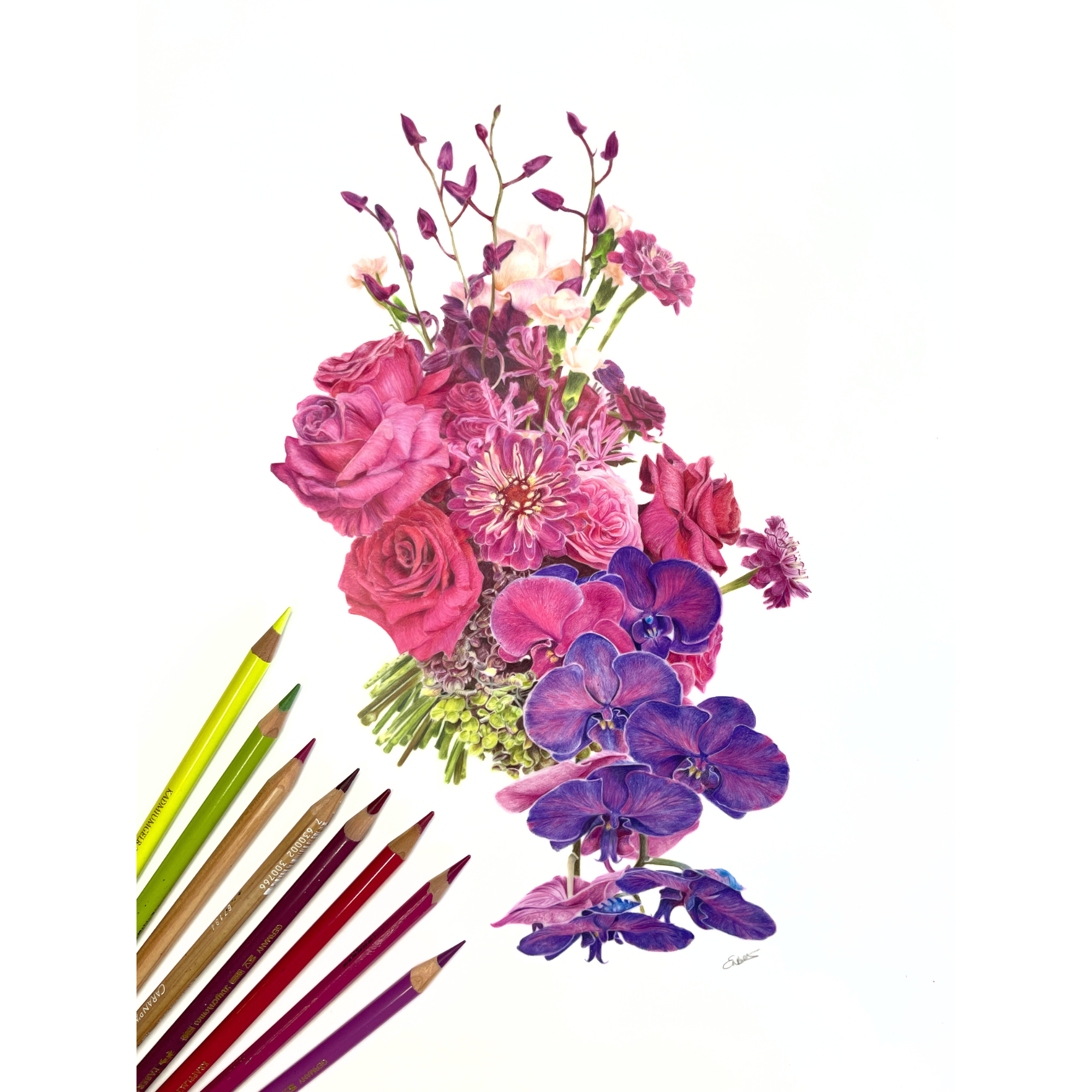 This bright and tropical bouquet, orignally created by Signature Floral Design, was a total joy to draw. The purple Orchids were my favourite!